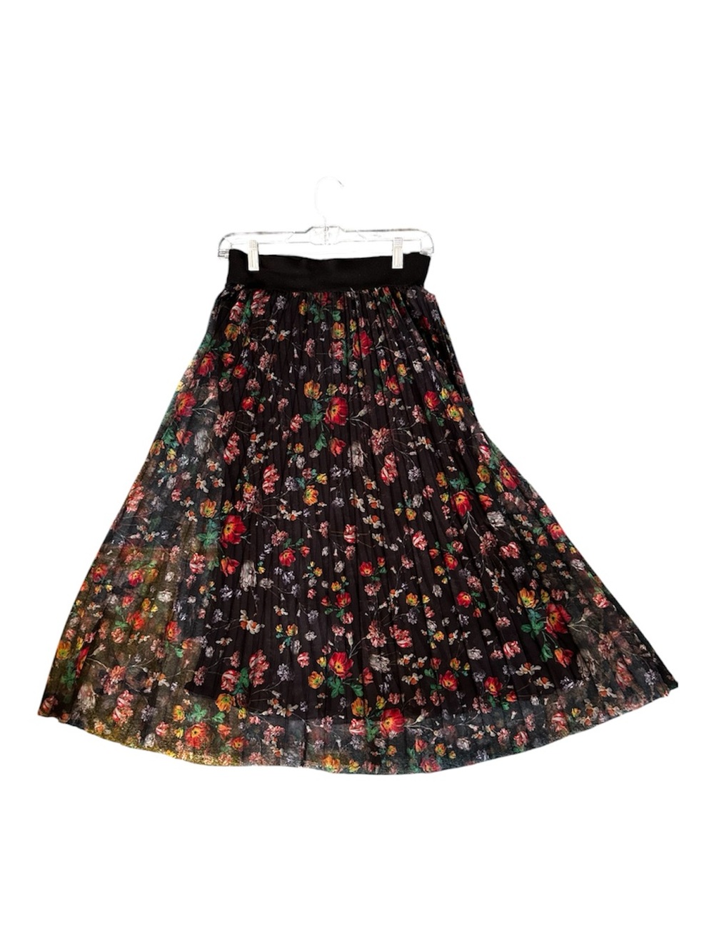 H&M Black Floral Pleated Full Midi Skirt Multicolor Size 4